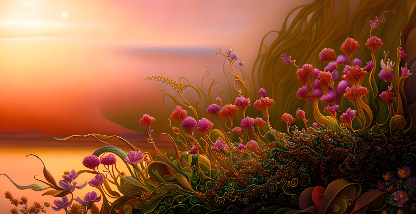 Vibrant pink and purple flower landscape with sunset sky