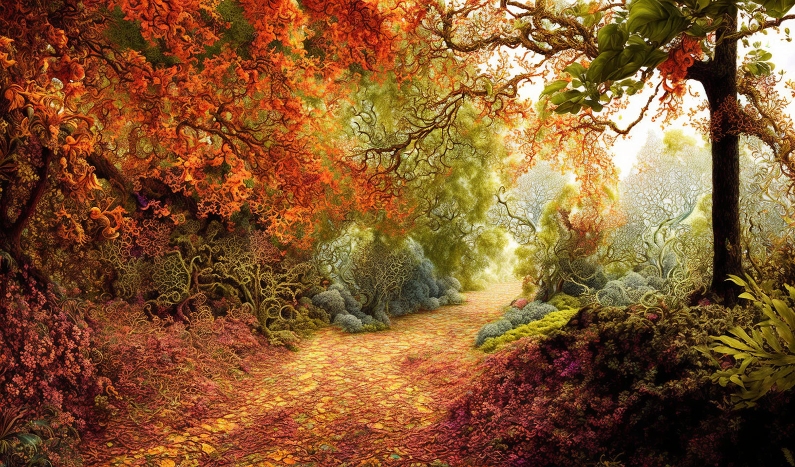 Vibrant forest pathway with orange, red, and green foliage