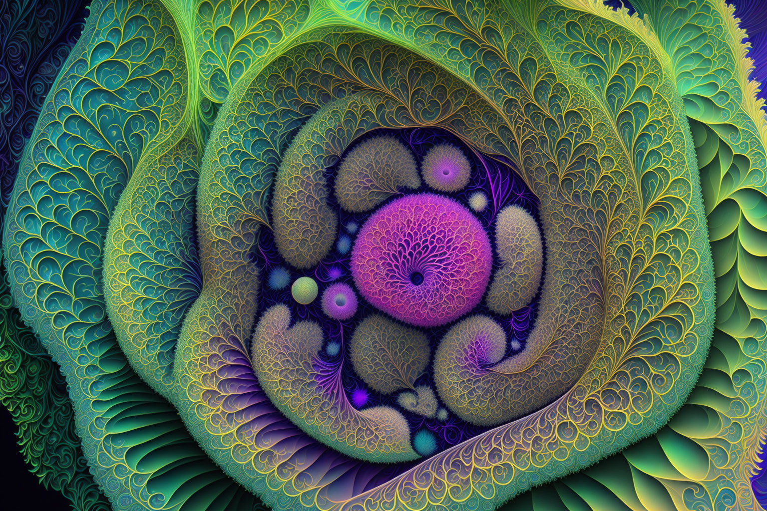 Colorful fractal image with leaf-like patterns in green, blue, and purple