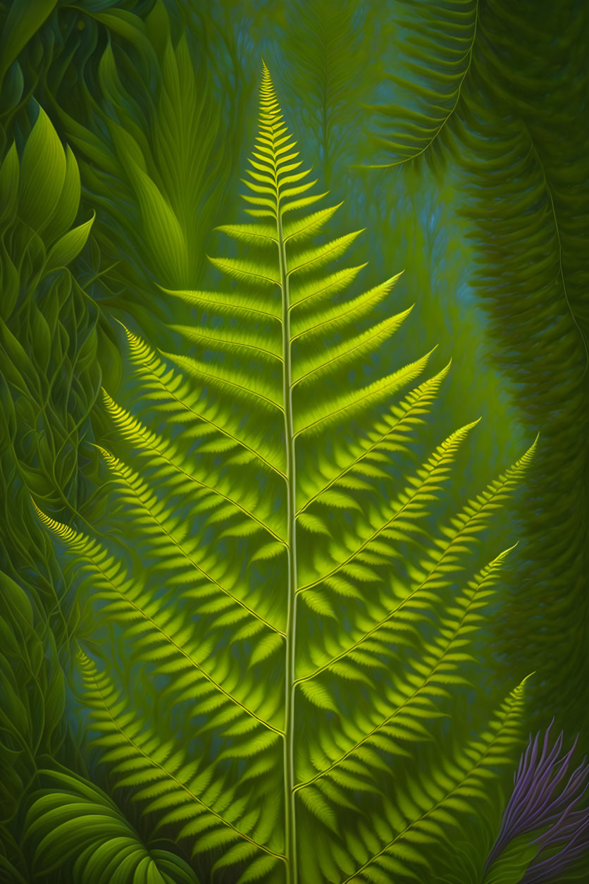 Vibrant green fern with serrated leaves against lush foliage