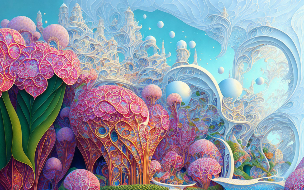 Colorful Whimsical Landscape with Surreal Structures and Floating Orbs