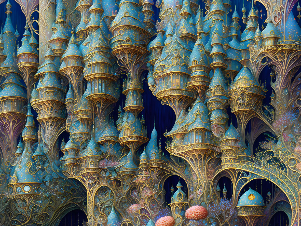 Intricate Blue and Gold Fractal Towers with Elaborate Patterns