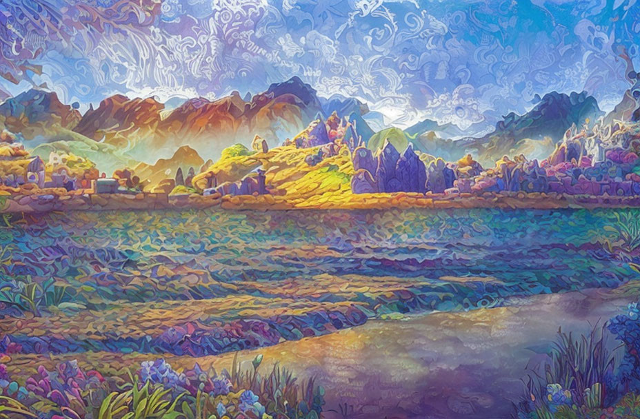 Colorful stylized landscape with mountains, fields, and lake in intricate patterns