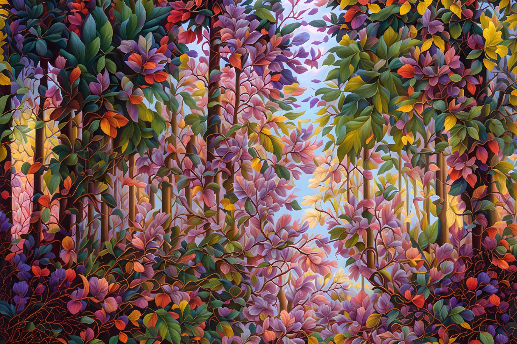 Colorful forest illustration with vibrant leaves and flowers