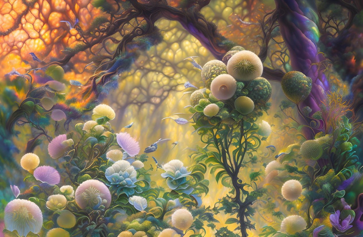 Fantastical glowing forest with colorful plants & intertwined branches