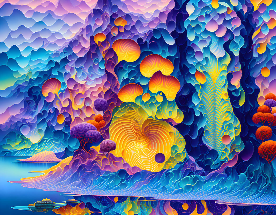 Colorful Psychedelic Landscape with Patterned Hills and Swirling Trees