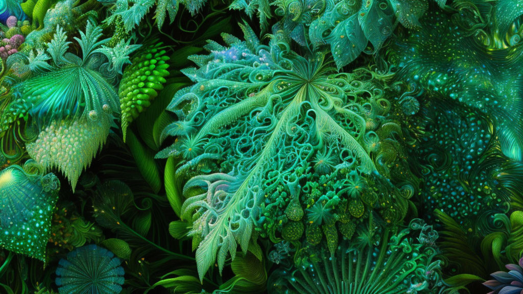 Colorful digital artwork: intricate, plant-themed patterns in green and blue