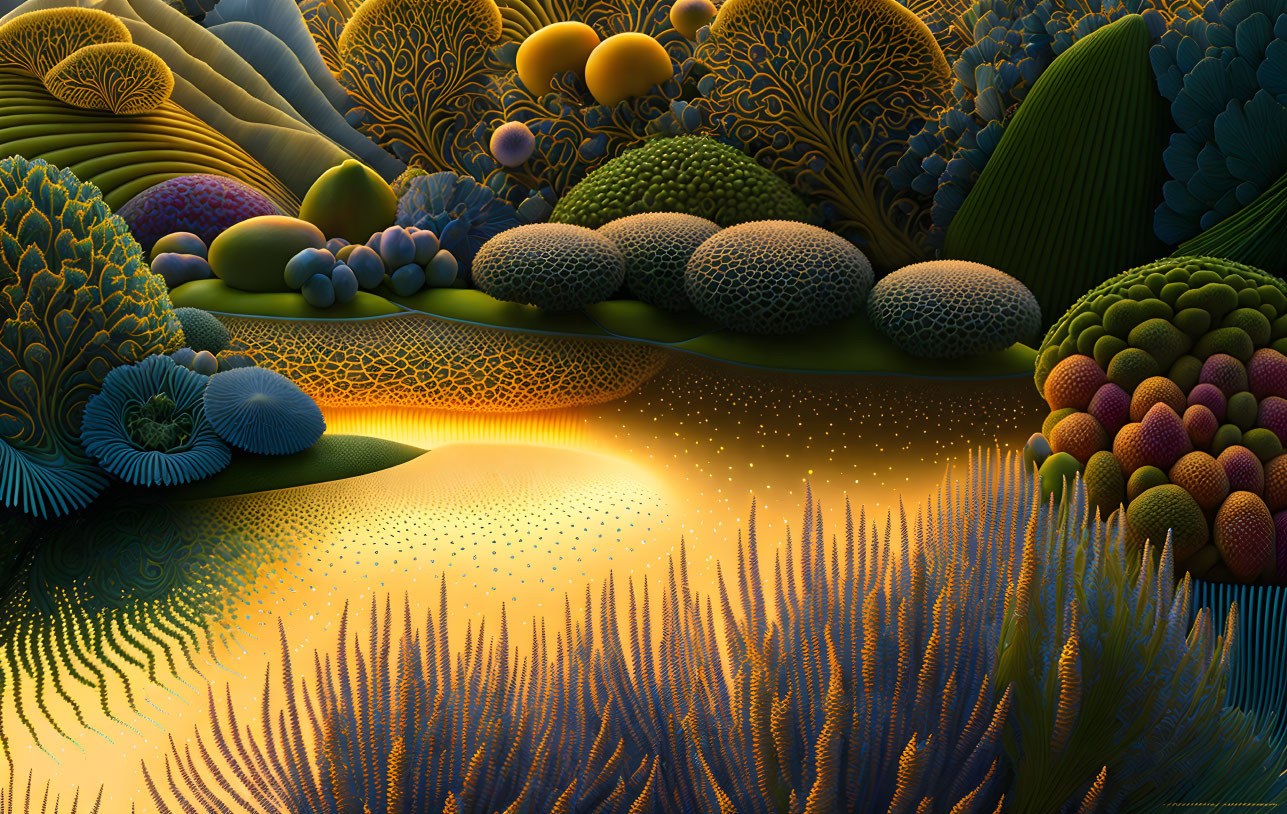 Colorful digital artwork of a fantastical landscape with glowing orbs on a dark background