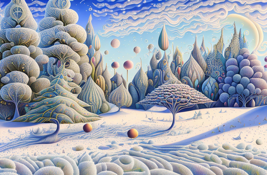 Surreal landscape with stylized trees, undulating hills, and patterned spheres under a w