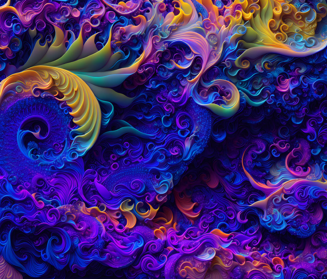 Colorful Abstract Fractal Art: Swirling Blue, Purple, and Gold Patterns