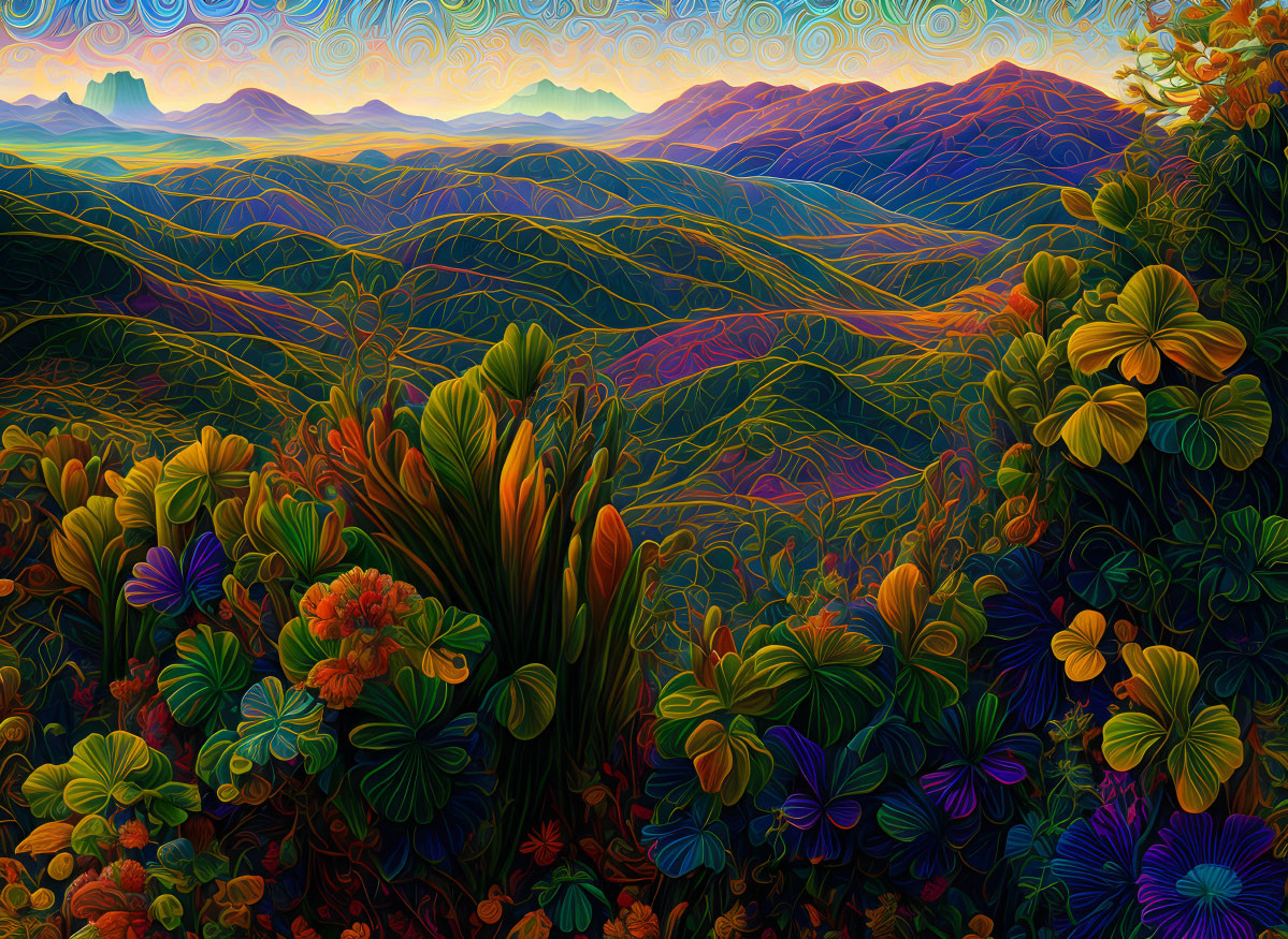 Colorful Stylized Landscape with Rolling Hills and Elaborate Foliage