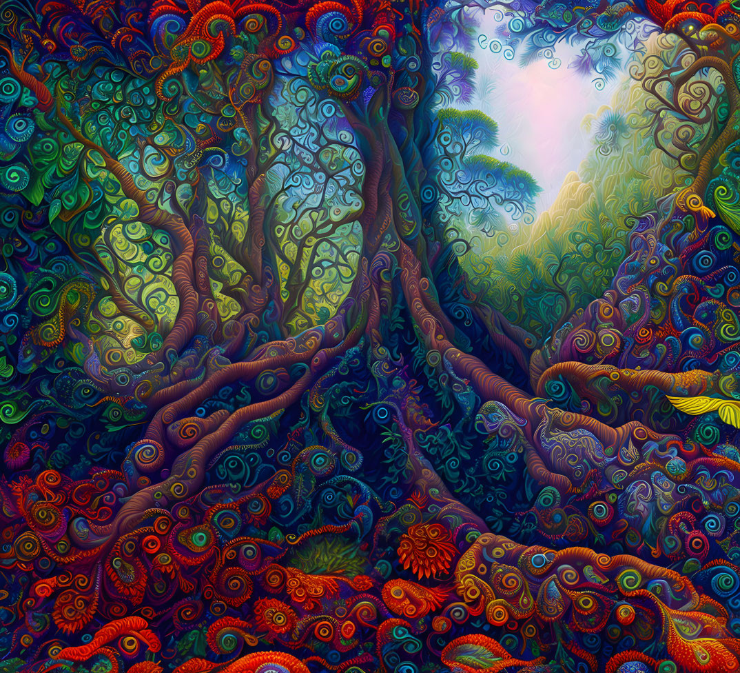 Colorful Psychedelic Forest with Swirling Tree Trunks and Foliage