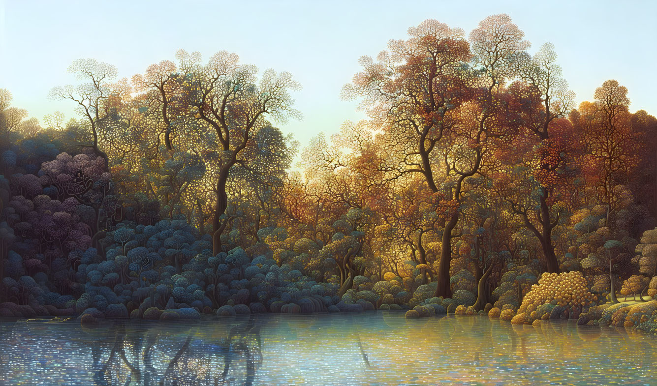 Tranquil autumn forest by calm lake at sunrise or sunset