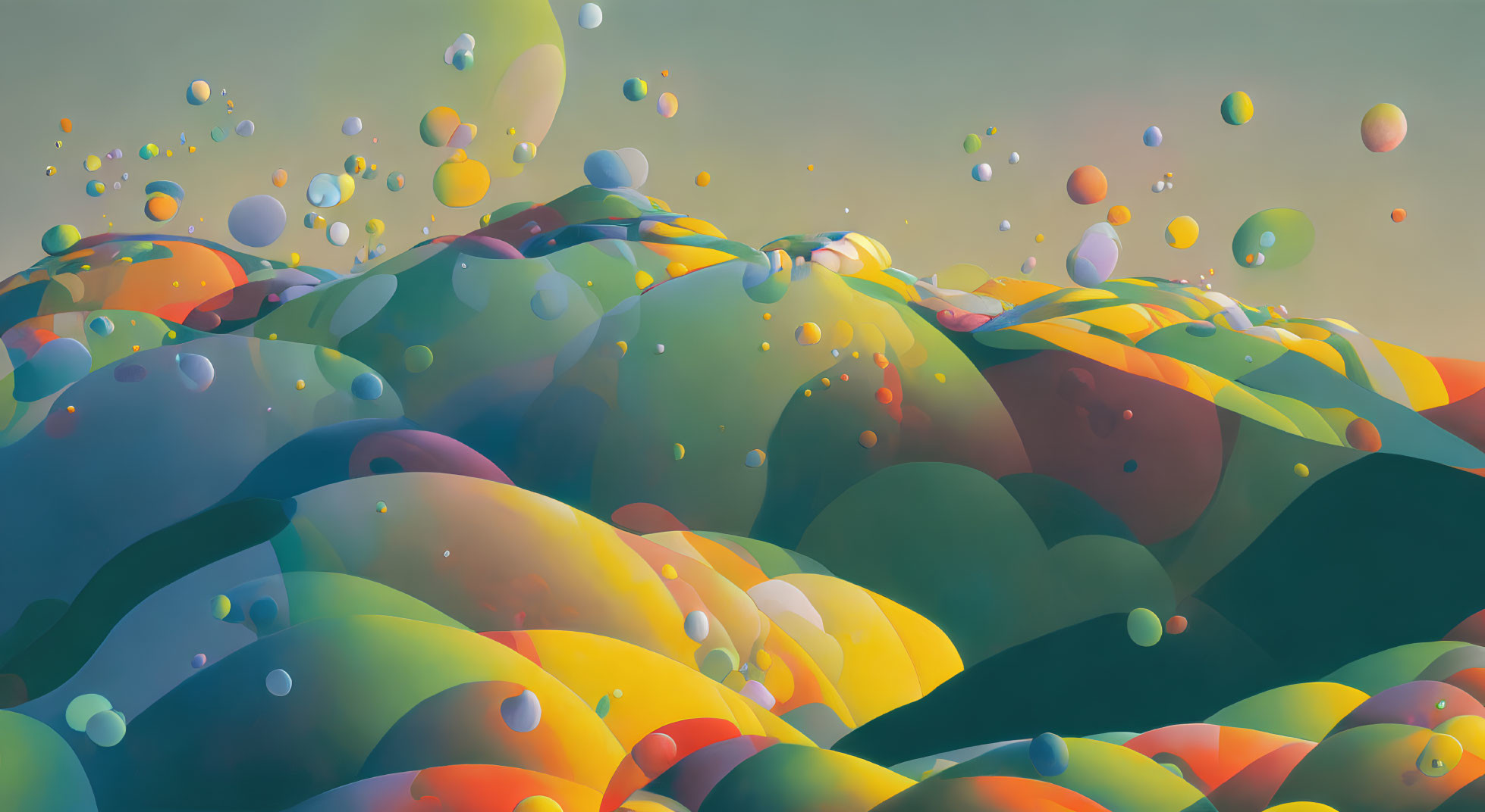 Colorful Glossy Bubble Landscape Artwork with Light Reflections