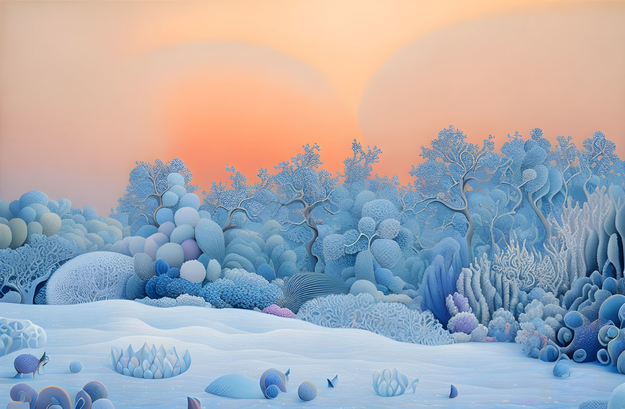 Pastel-colored digital art: Whimsical coral reef under gradient sky