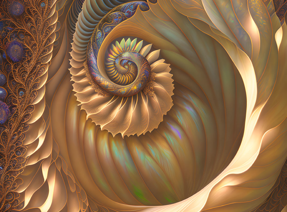 Intricate Golden Fractal Pattern with Spiral and Feather-like Structures