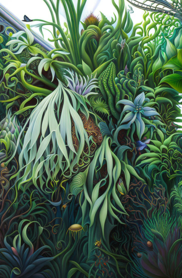 Detailed Painting of Lush Green Garden with Exotic Plants