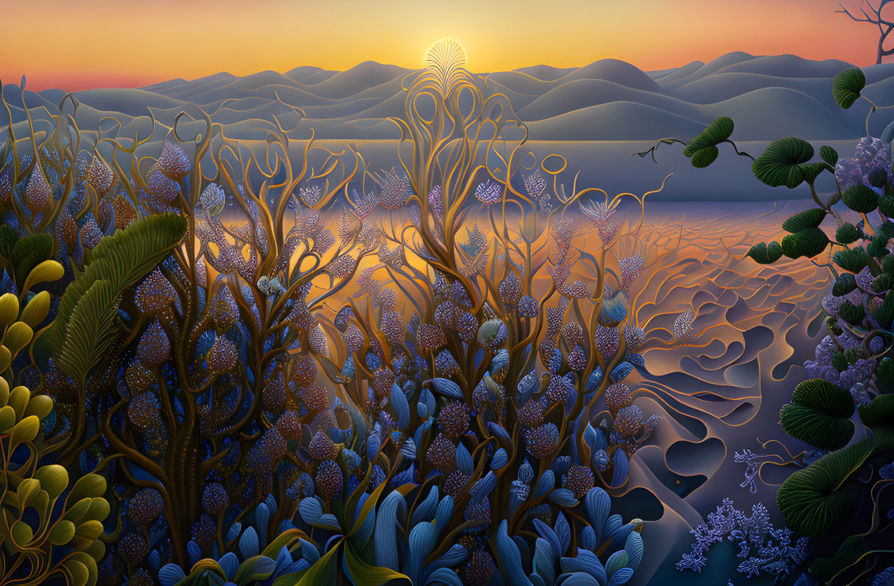 Surreal landscape with aquatic plants, rolling hills, stylized sun, and intricate foliage patterns