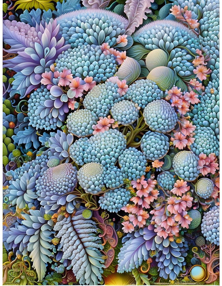 Colorful digital artwork: surreal botanical patterns in blue, purple, and pink