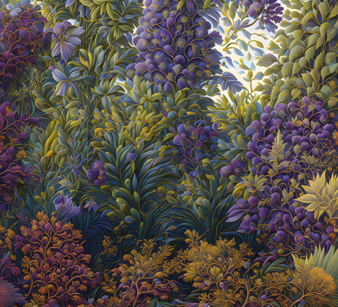 Detailed illustration of dense tropical forest with vibrant purple and green foliage