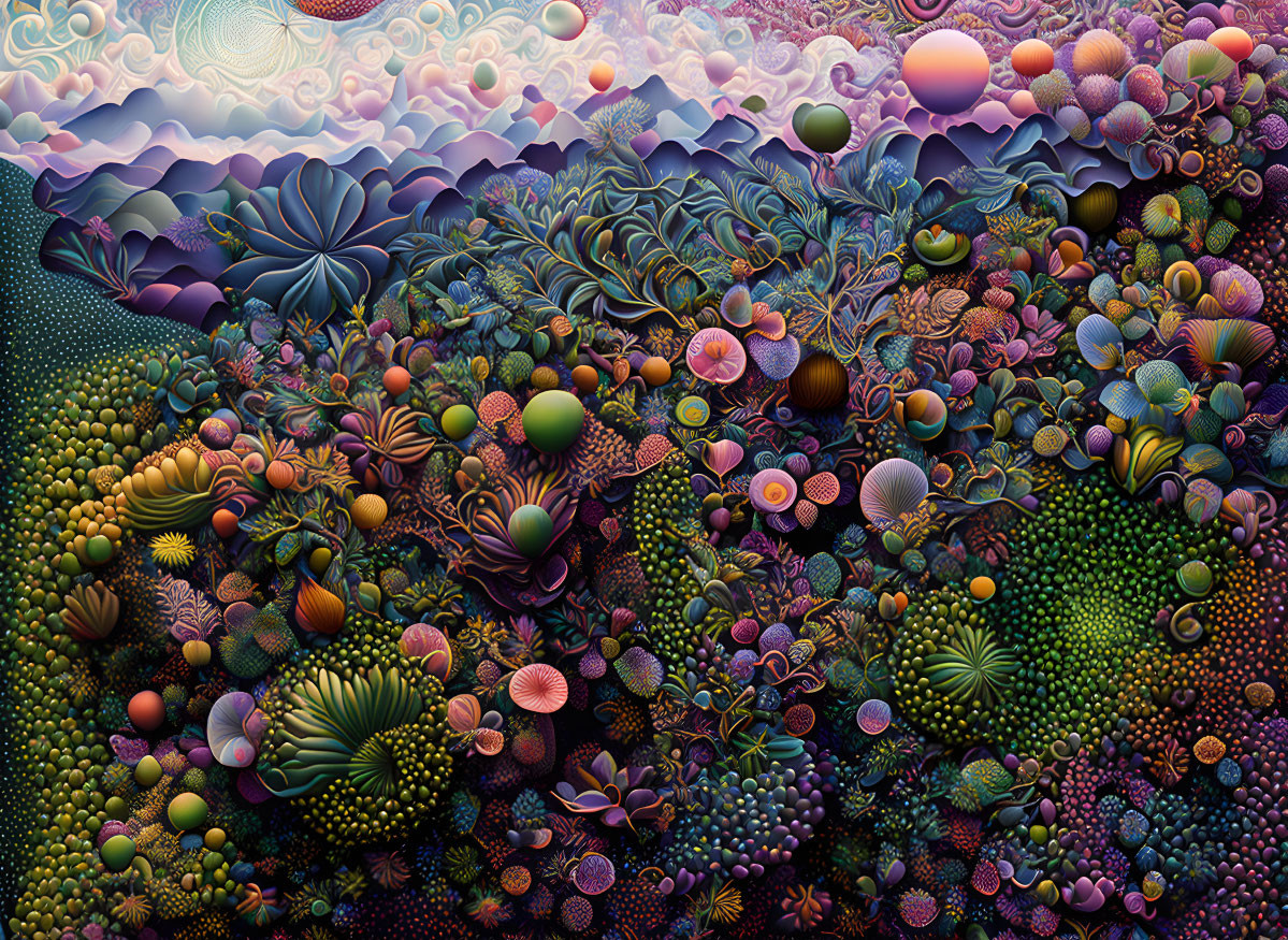 Colorful Fractal Landscape with Spherical Shapes and Plant-like Elements