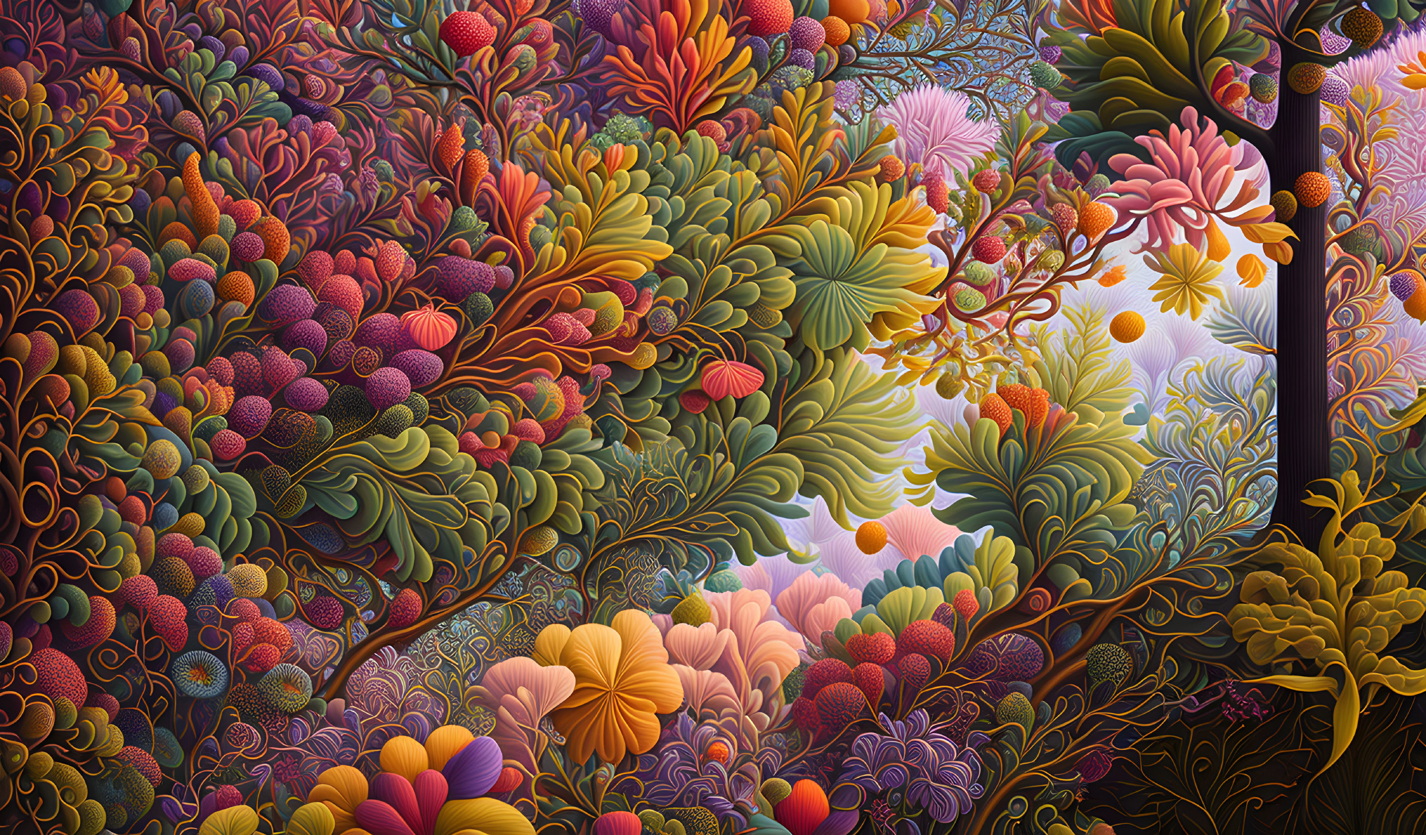 Colorful, intricate illustration of a fantastical forest