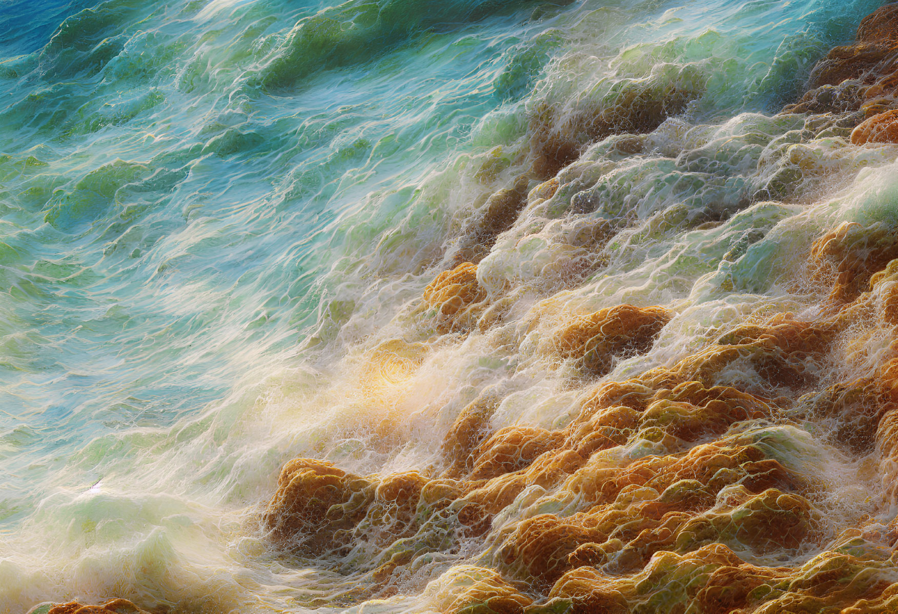 Turquoise waves crashing on rocky shoreline with white foam