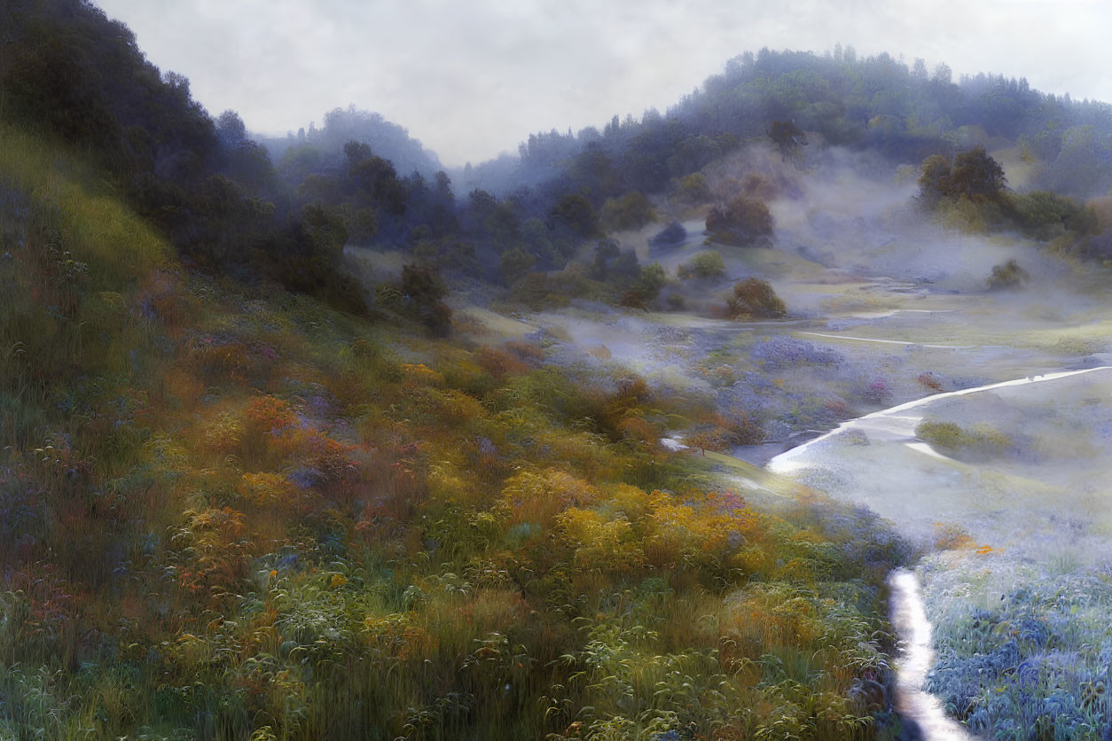 Misty Landscape with Creek, Wildflowers, and Hills