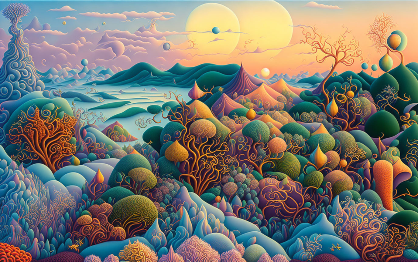 Surreal landscape with rolling hills, stylized trees, and large setting sun.