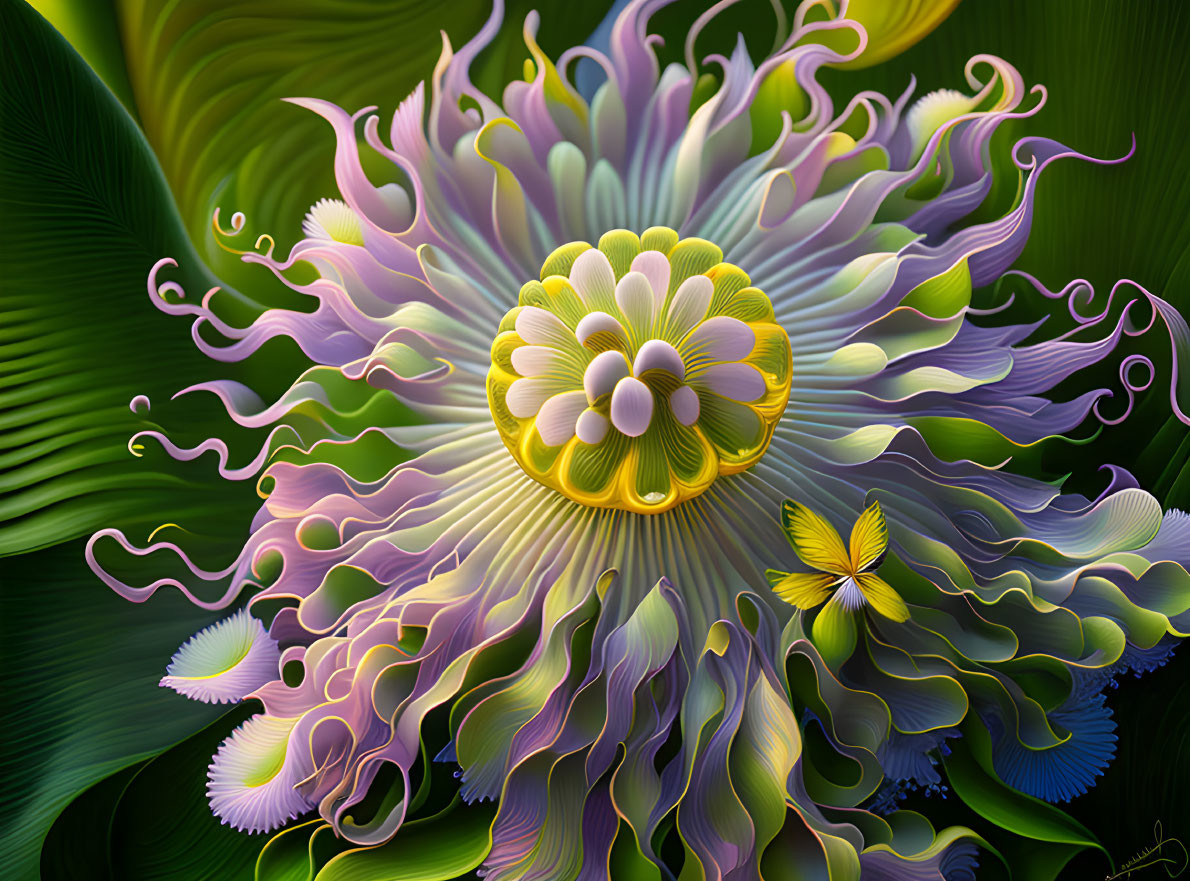 Colorful digital artwork: Intricate stylized flower with green, purple, yellow, and white petals