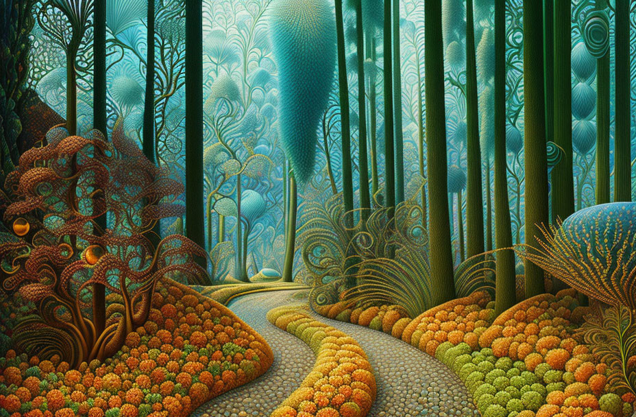 Fractal-based digital artwork of surreal forest with patterned trees