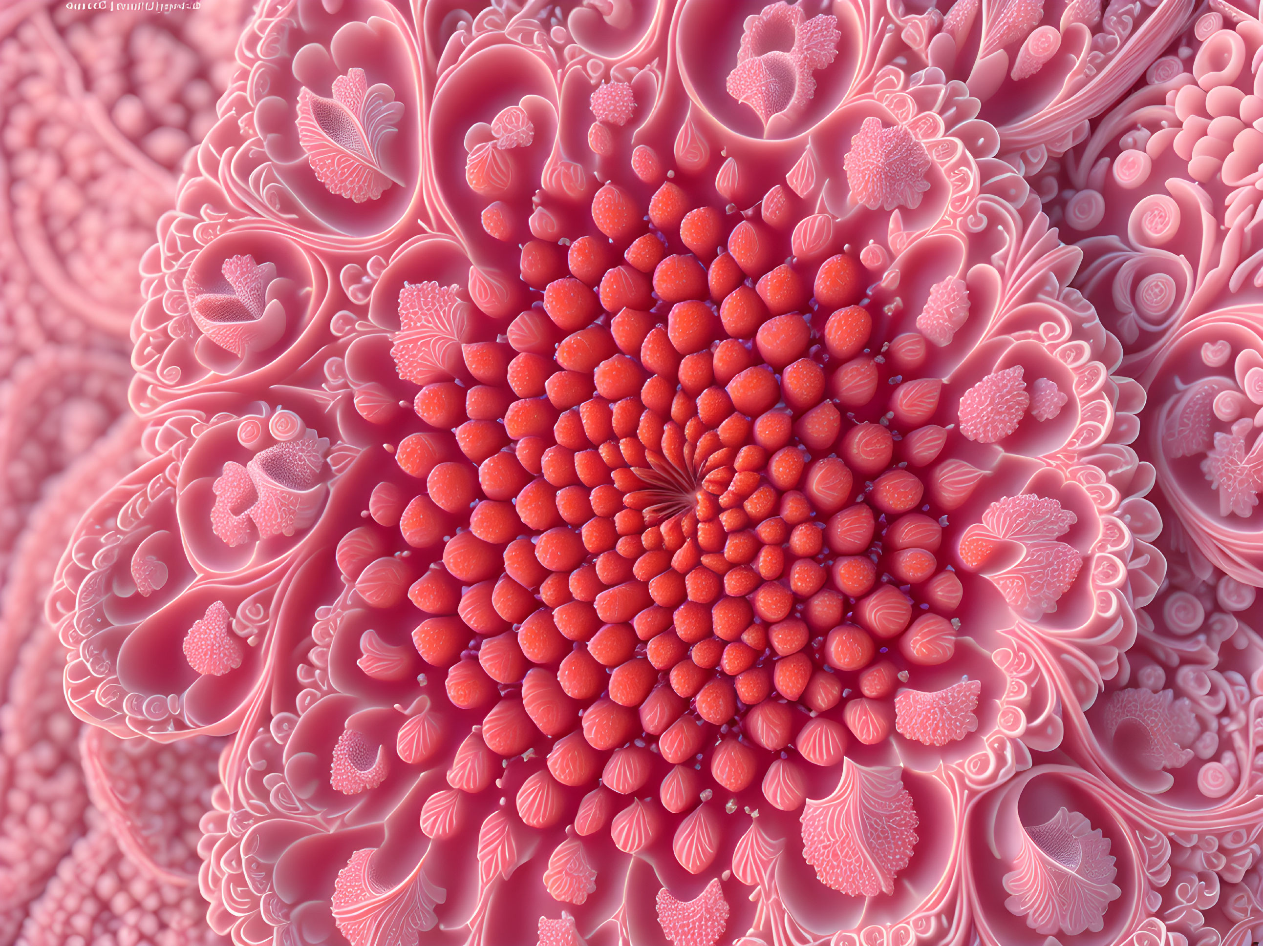 Detailed Pink Fractal Pattern with Spherical and Floral Elements