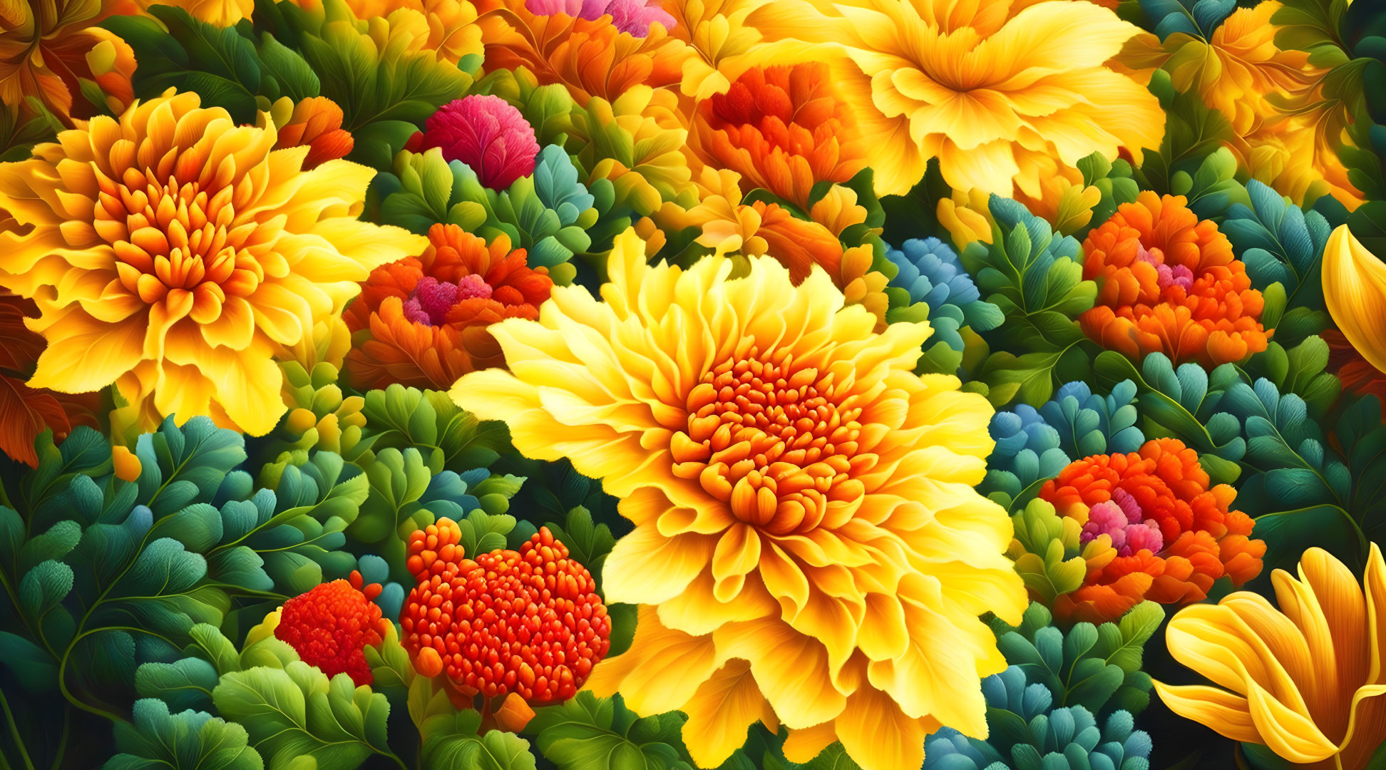 Colorful Floral Tapestry of Yellow, Orange, Red, and Green Flowers