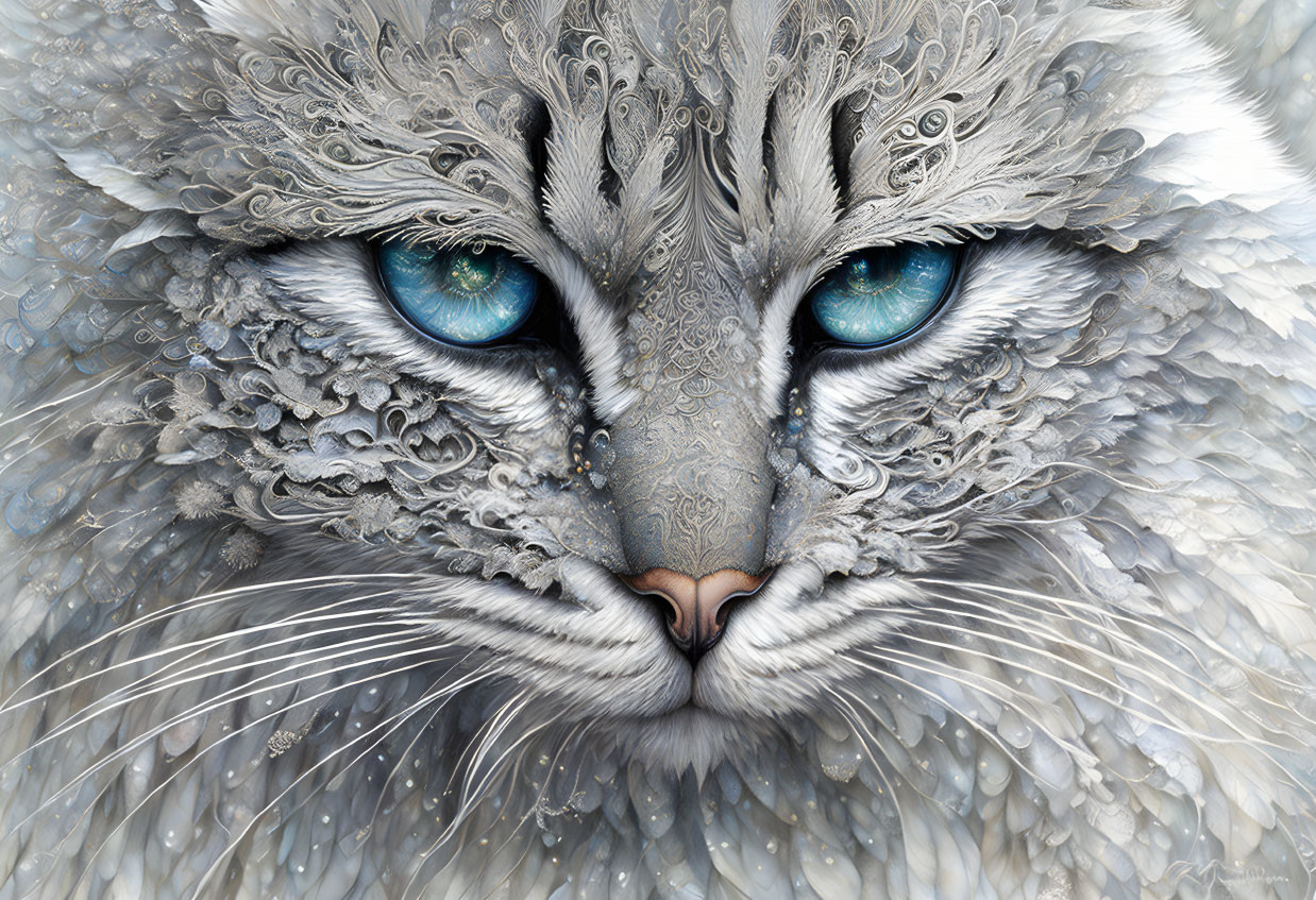 Stylized Cat Face Illustration with Intricate Patterns & Blue Eyes