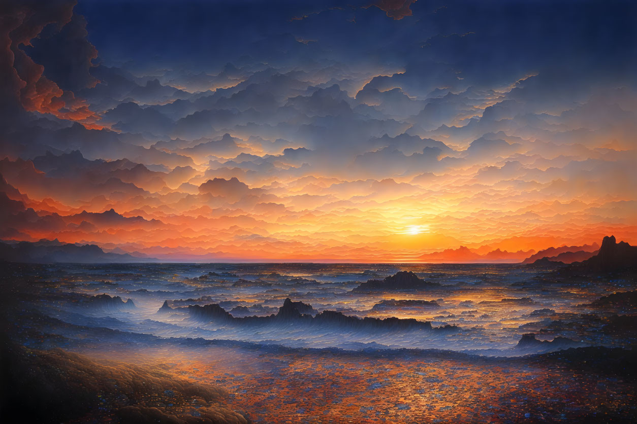 Vivid sunset over tumultuous ocean with crashing waves and scalloped cloud pattern