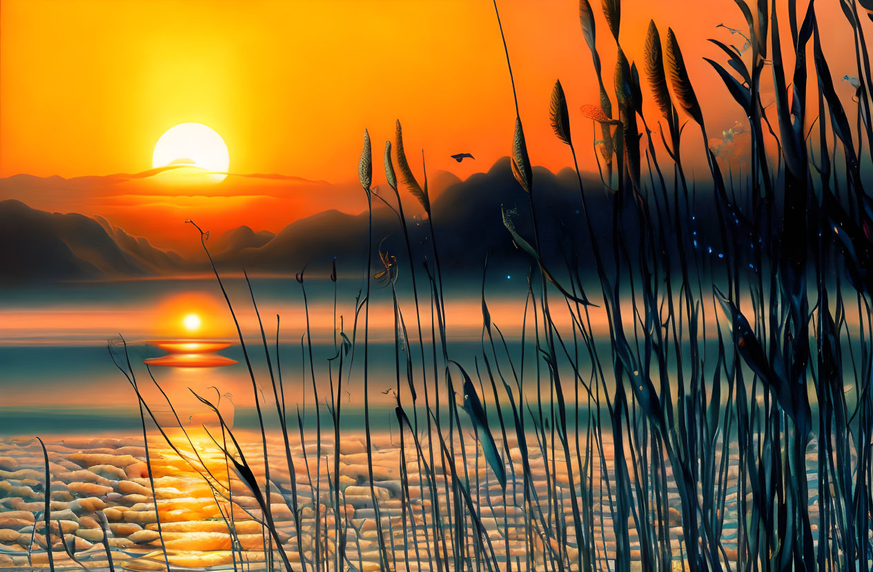 Tranquil sunset scene with lake, mountains, reeds, and flying bird