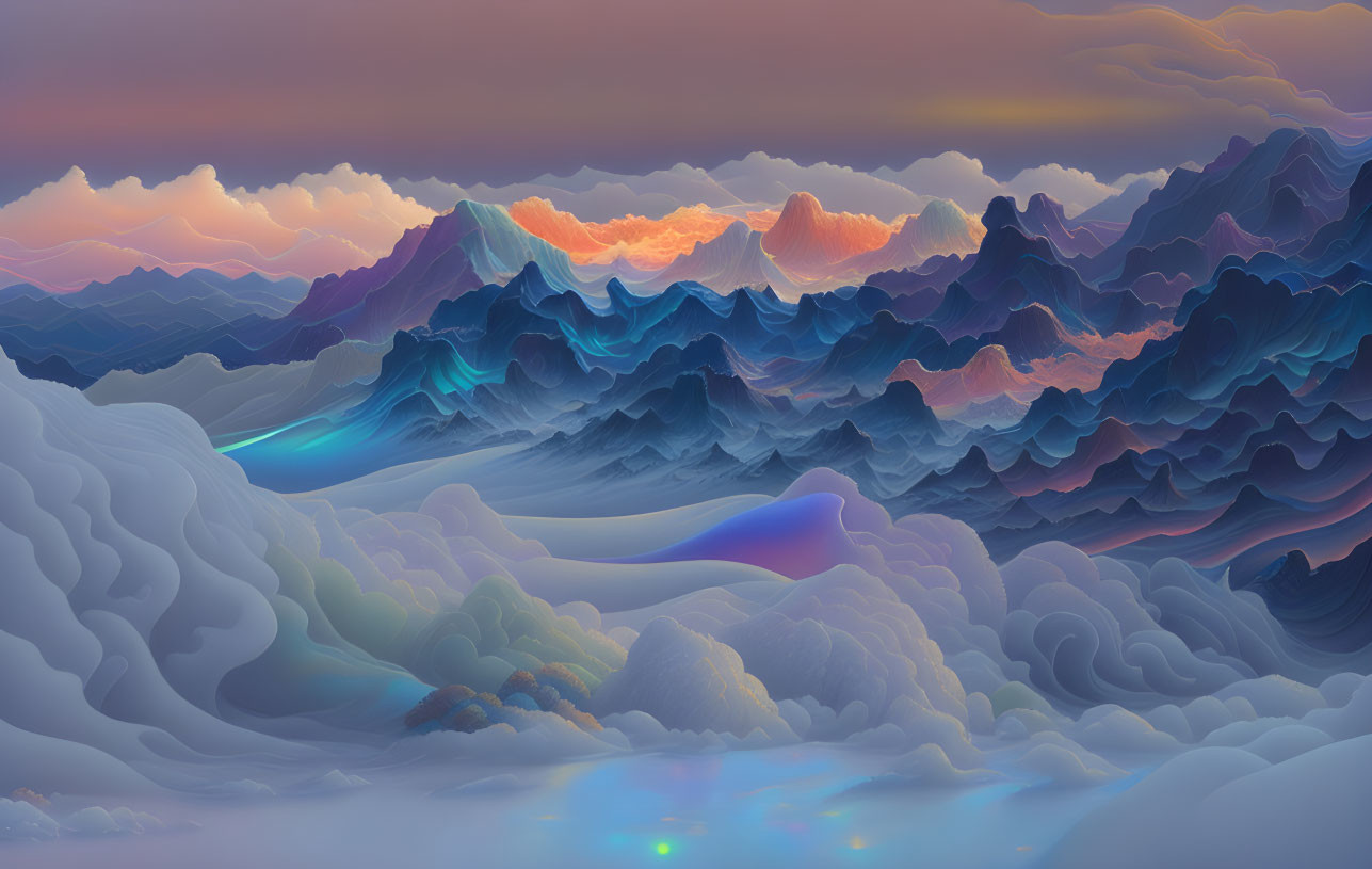 Colorful digital artwork: Layered mountain ranges in blues, purples, and oranges