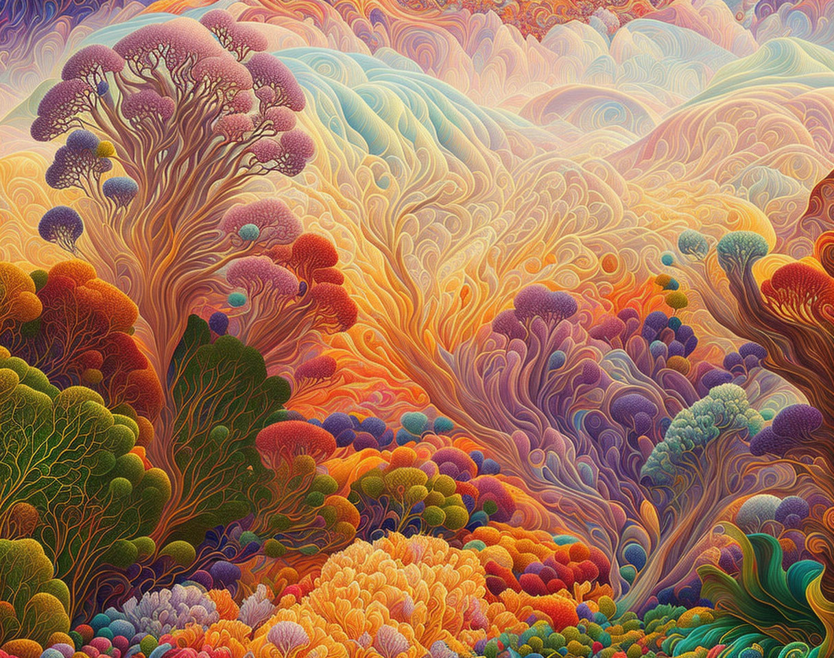 Colorful surreal landscape with patterned hills and unique trees