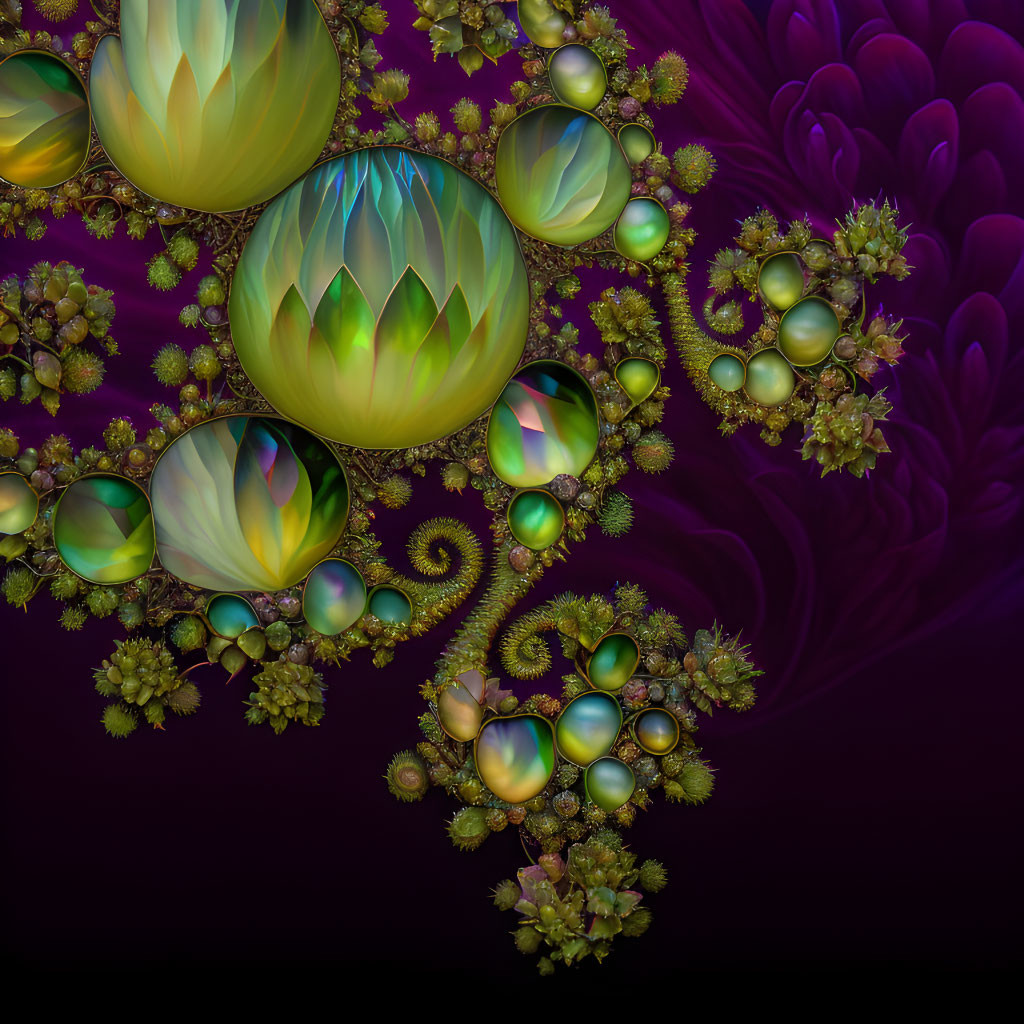 Fractal art with iridescent bubbles and spiral elements in green, purple, and golden hues