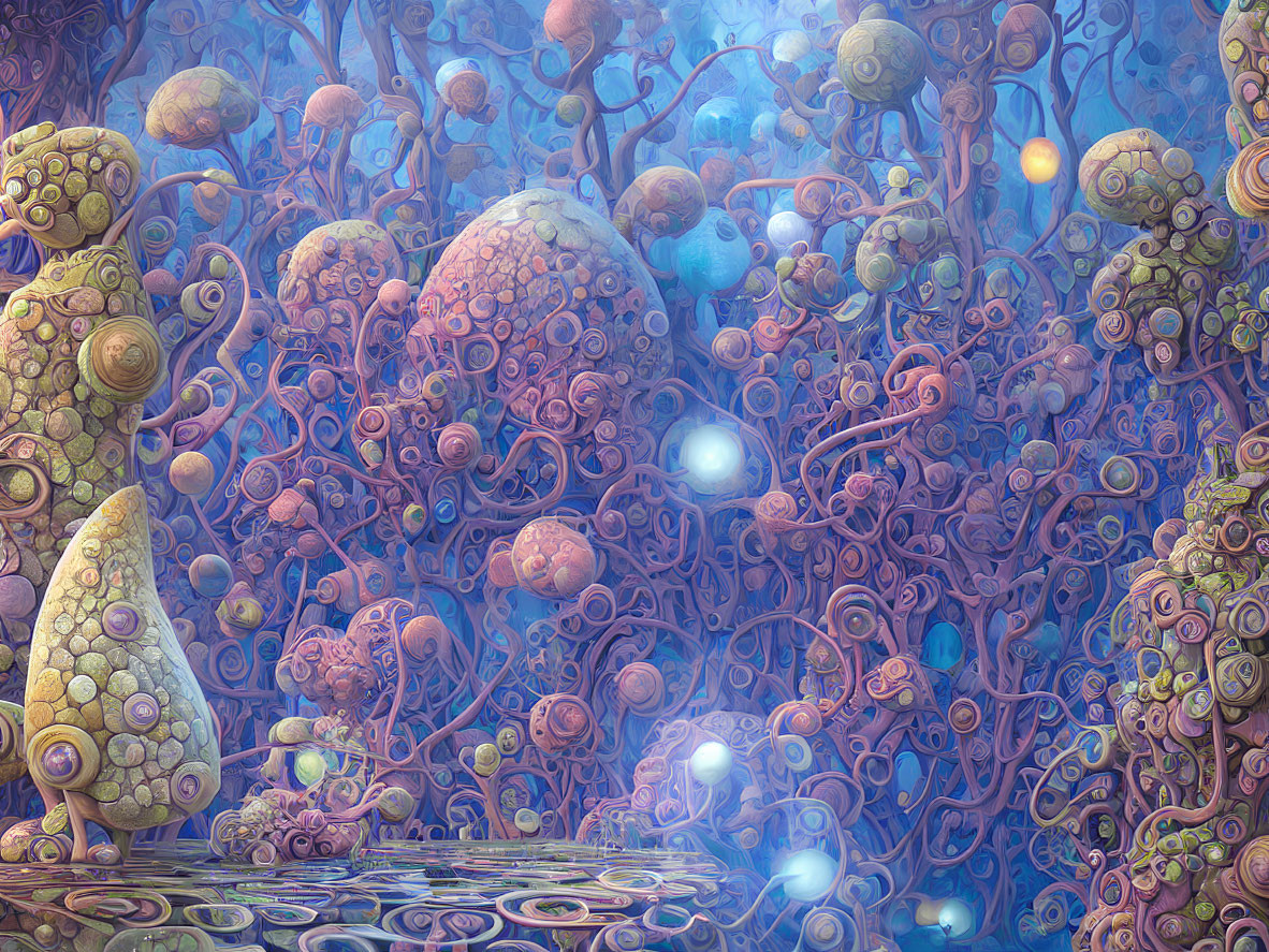 Vibrant alien landscape with tree-like structures and orbs in intricate pattern