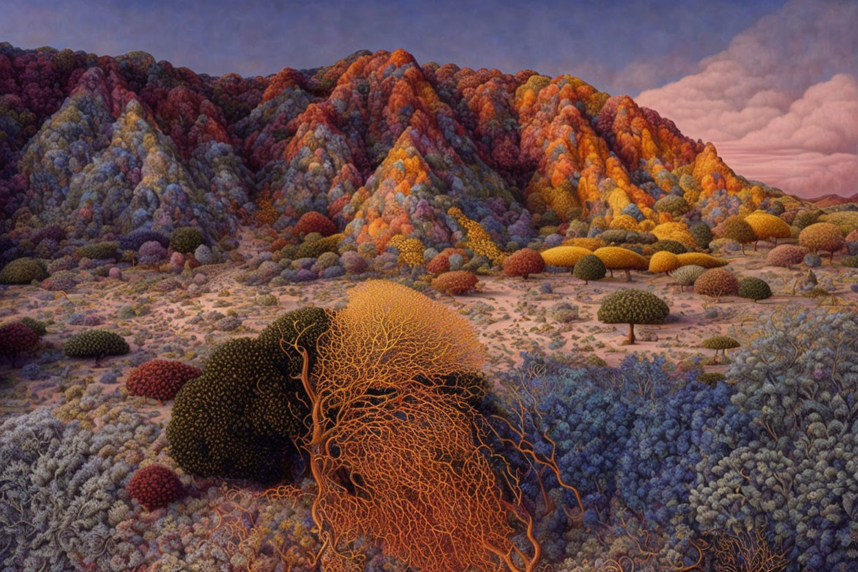 Colorful Textured Hills and Spherical Plants in Surreal Landscape