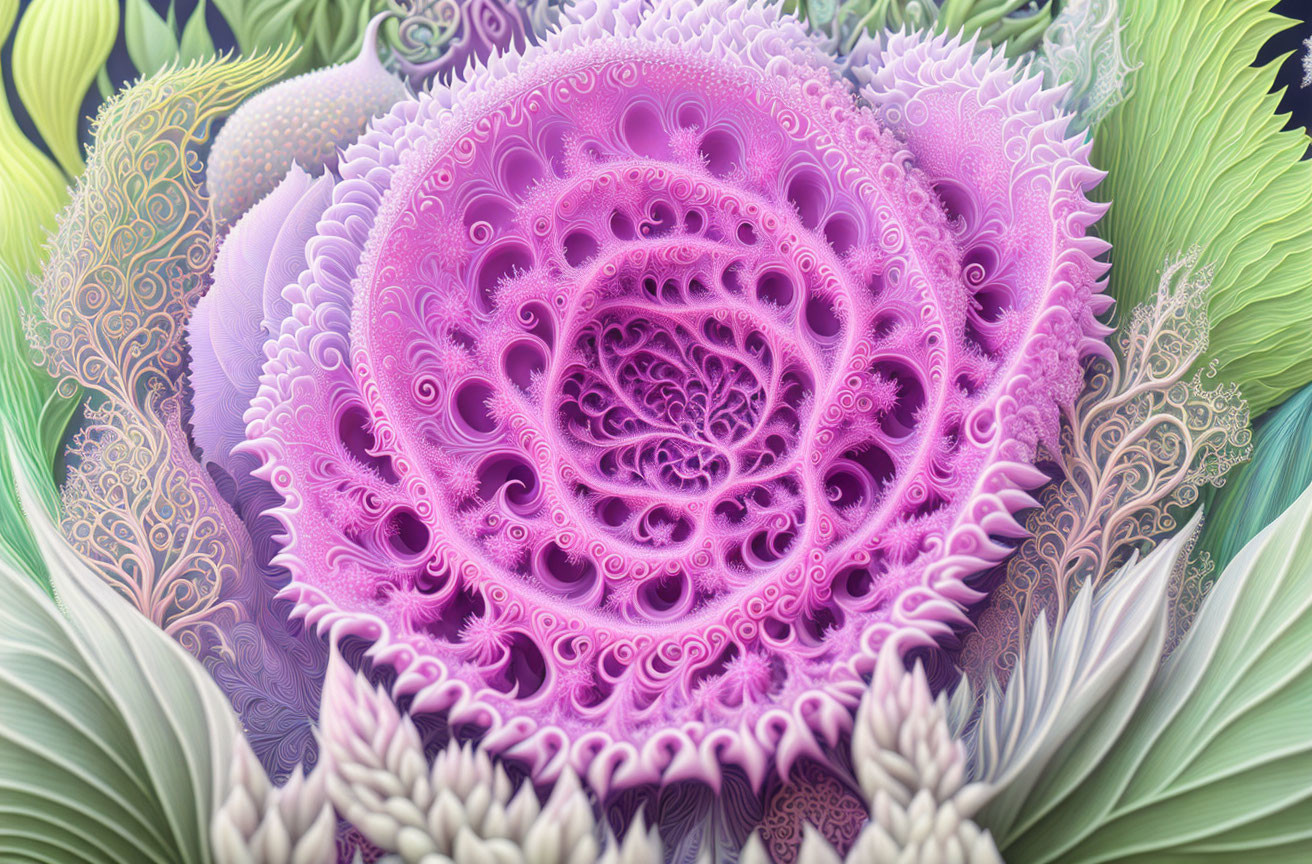 Intricate purple fractal with swirling patterns and green leaf-like designs