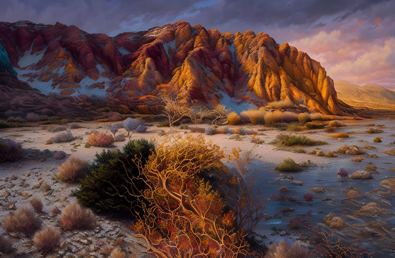 Vibrant sunset over red rock formations and desert vegetation under dramatic sky