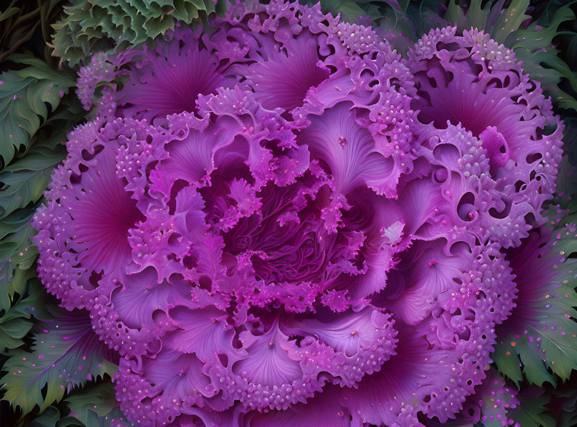 Vibrant Purple Ornamental Cabbage with Ruffled Edges and Intricate Leaf Patterns