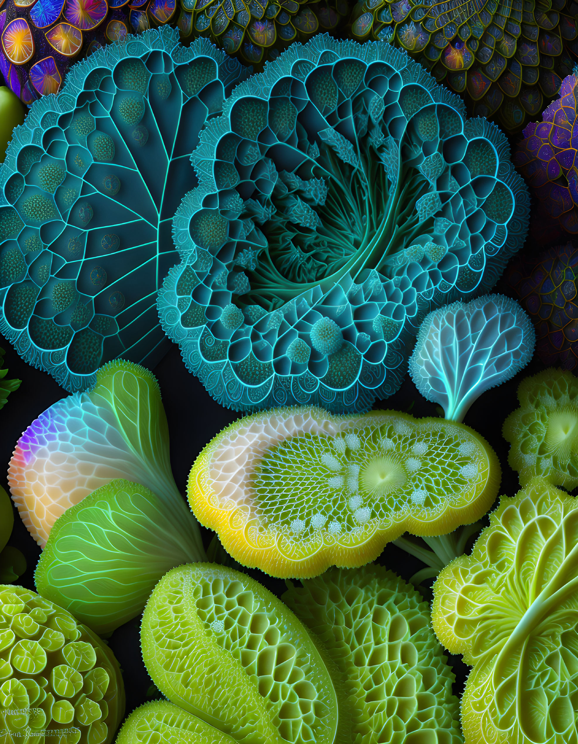 Neon-colored cabbage and leaves in intricate digital art