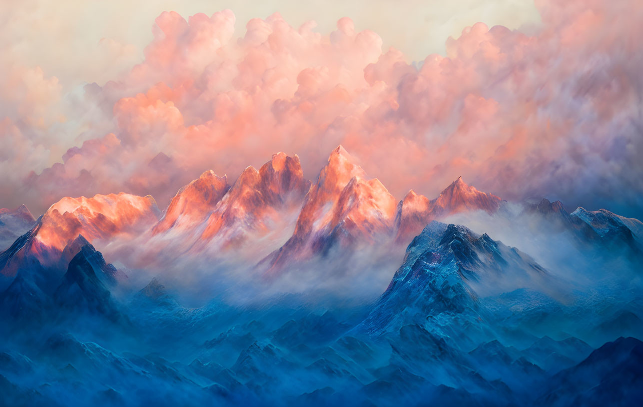 Dramatic Mountain Range at Sunset with Golden Peaks and Swirling Mist