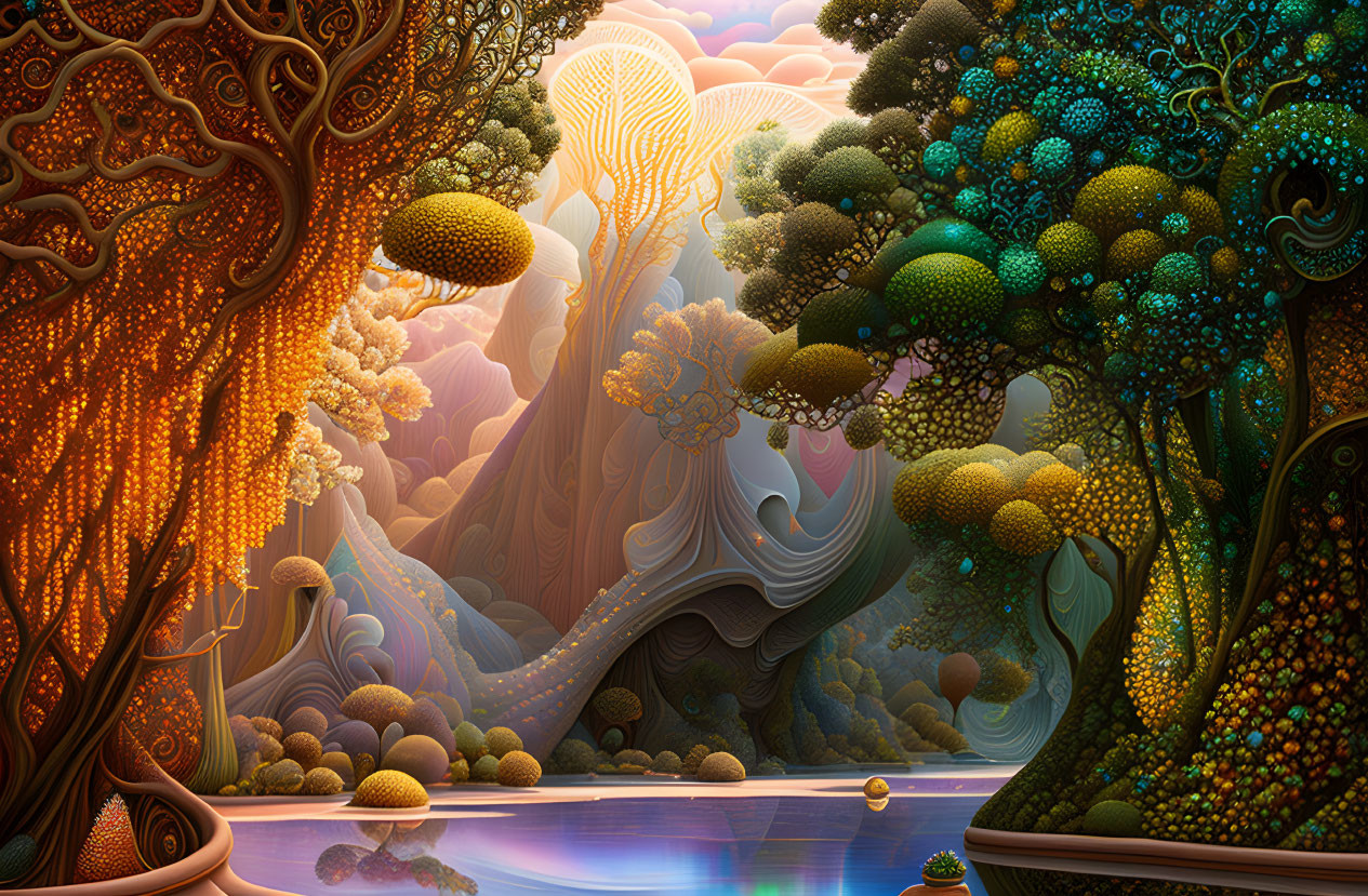 Colorful Trees and Whimsical Shapes in Fantastical Landscape