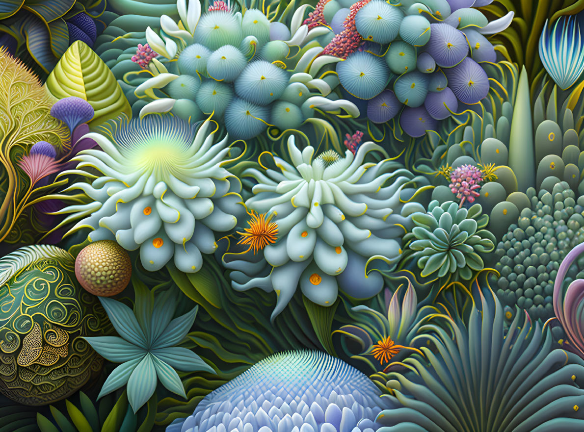 Colorful digital artwork: Intricate stylized flora in green, blue, and purple