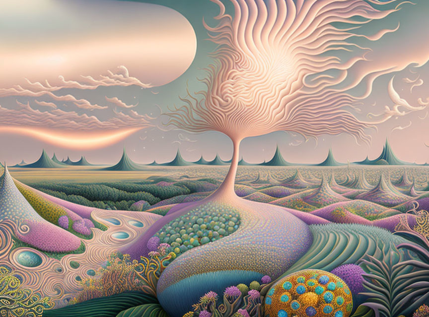 Psychedelic tree in surreal landscape with wavy hills and pastel sky