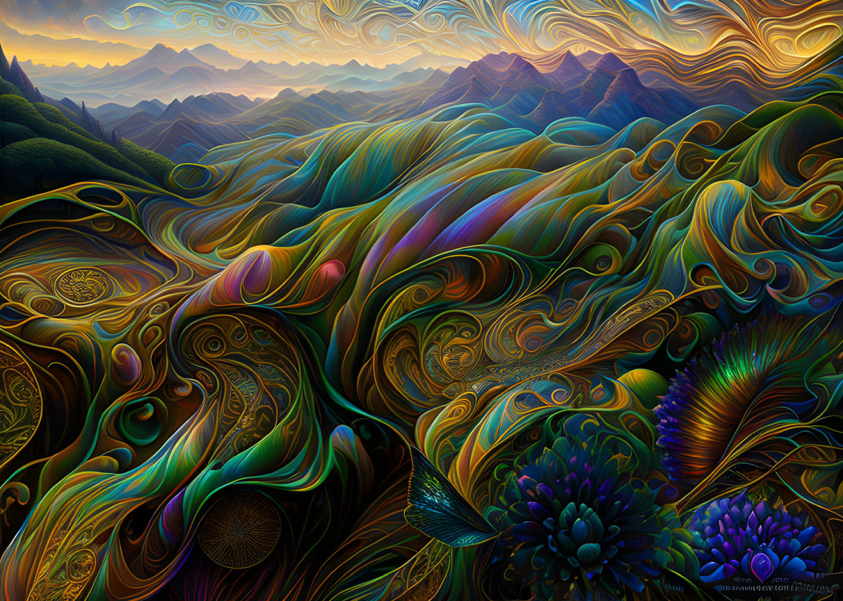 Colorful Psychedelic Landscape with Swirling Patterns and Mountains